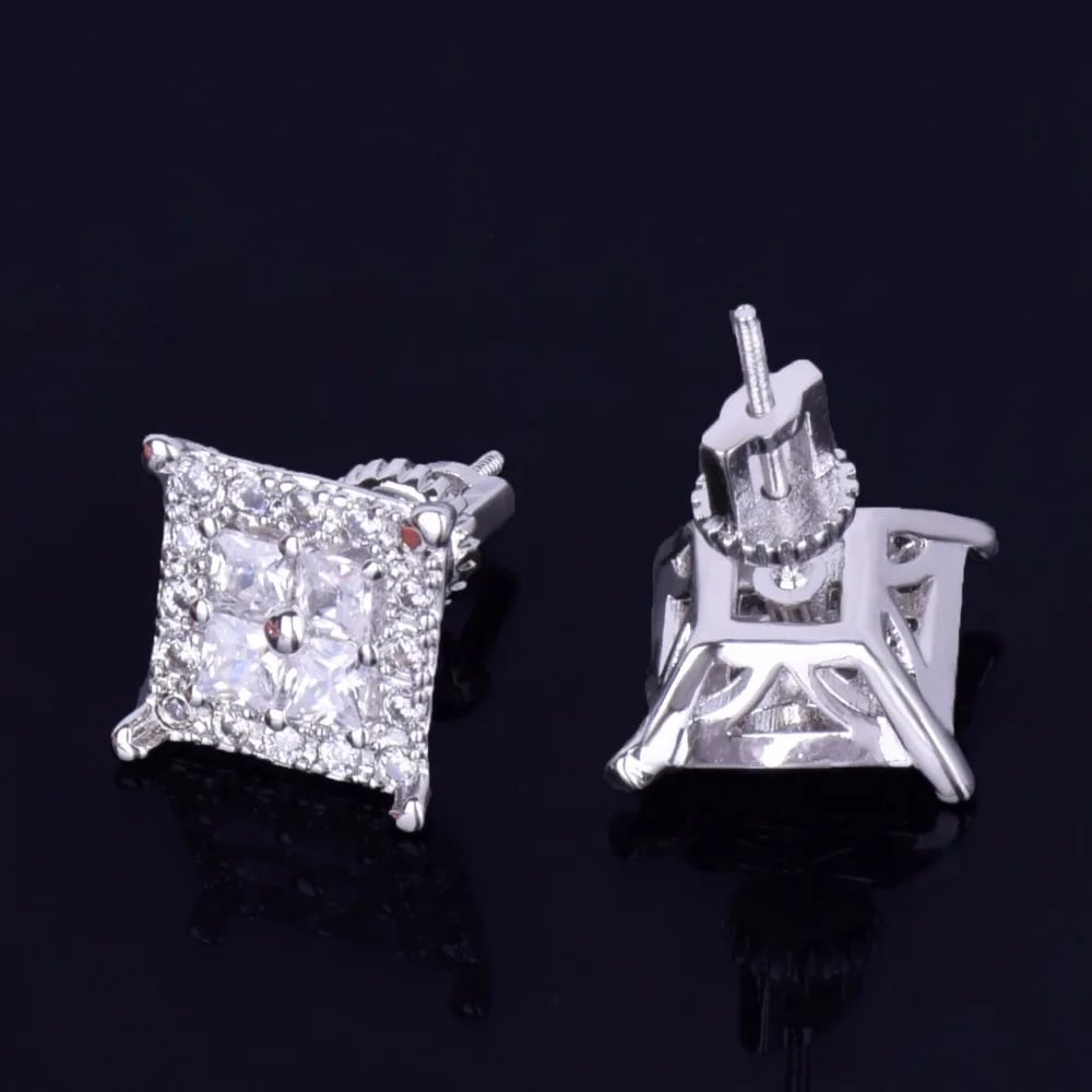 Men 12MM Square Baguette Zircon Stud Earring Silver And Gold